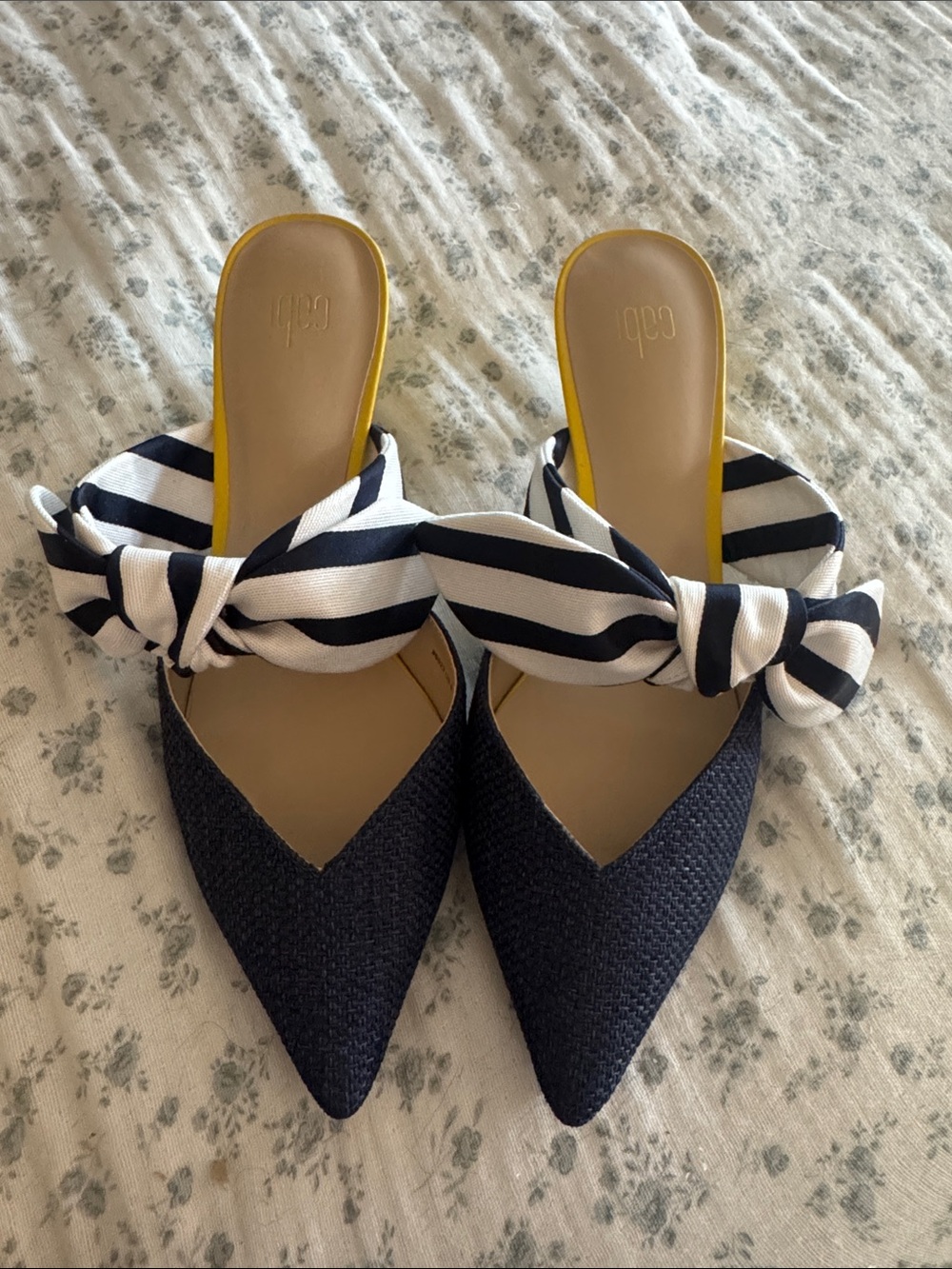 Cabi Navy Pointed-Toe Slip-On Mules with Striped Bow
